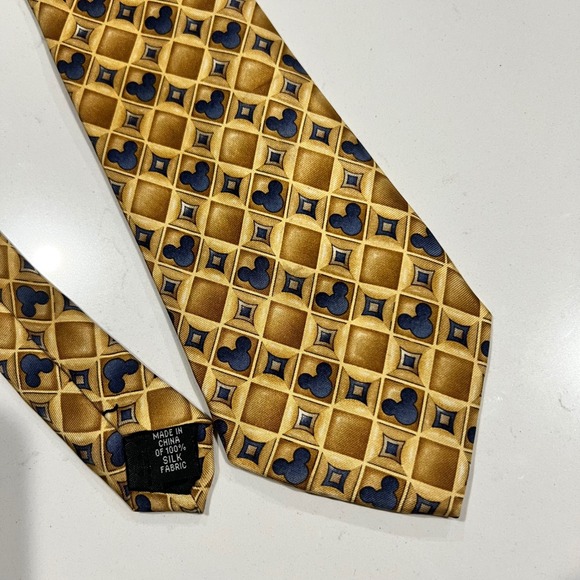 Disney Other - Walt Disney World Mickey Mouse Silk Tie Mens Gold Navy Blue Geometric Diamond